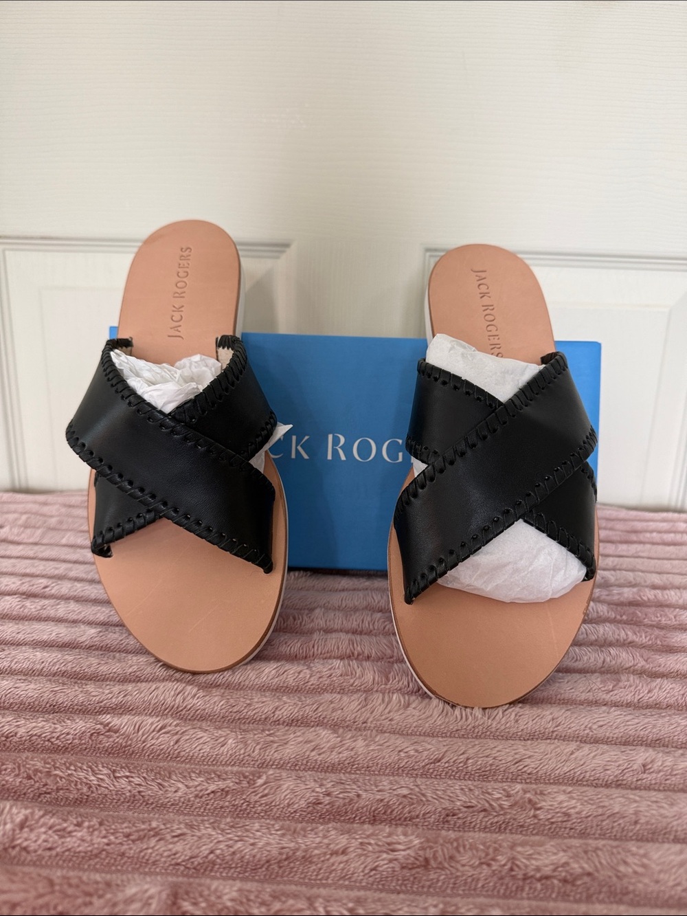 Jack Rogers Black Leather Crisscross Slide Sandals